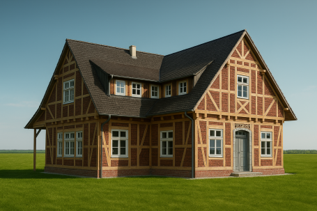 Traditionelles Fachwerkhaus mit grünem Rasen und klarem Himmel.