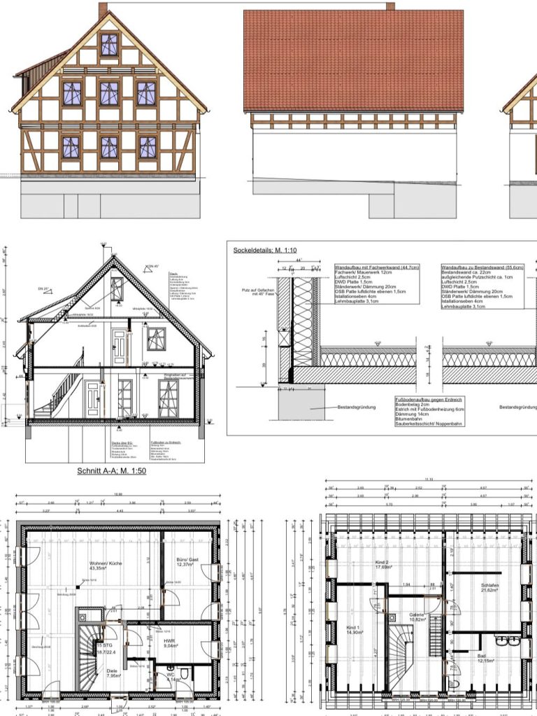 Architektonische Zeichnungen eines Fachwerkhauses, einschließlich Grundrissen und Ansichten.