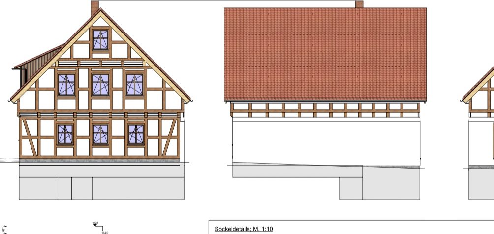 Detaillierte Bauzeichnungen eines Hauses mit Grundriss und Ansichten.