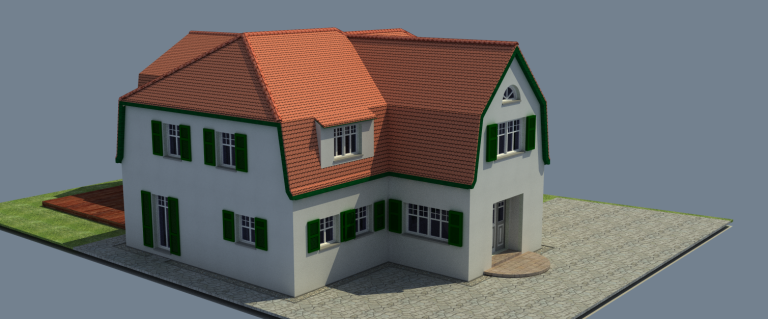 Moderne Architektur eines zweigeschossigen Hauses mit rotem Dach und grünen Fensterrahmen.