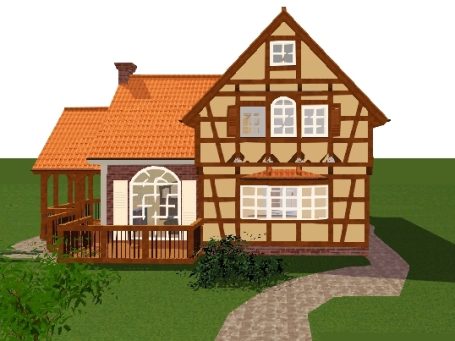 Fachwerkhaus mit orangefarbenem Dach und Veranda, umgeben von Rasen.
