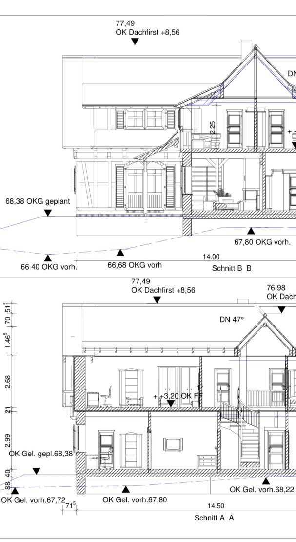 Hausgrundriss mit zwei Etagen, Zimmeranordnung und Maßen.