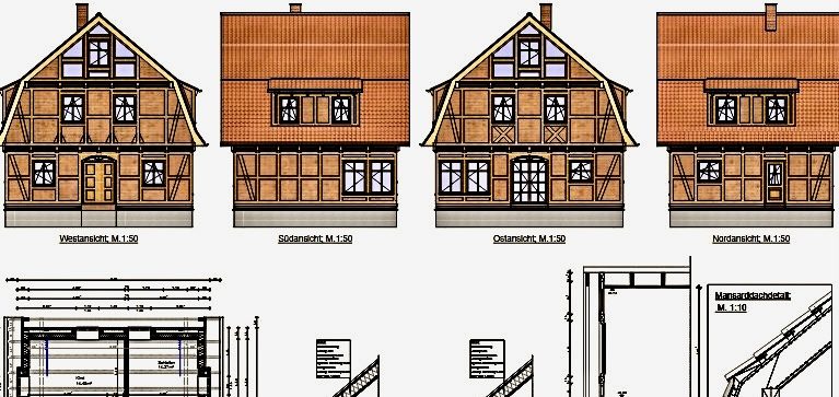 Fachwerkhaus mit hellem Putz mit rot gedecktem Dach und Blick auf einen Baum im Vordergrund.