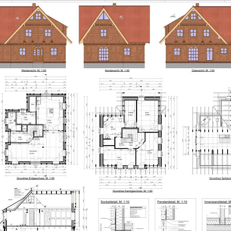 Detail Ausführungsplanung Entwurf eines Holzhauses mit Grundriss und Bauzeichnungen.