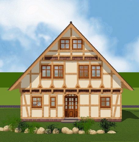 Traditionelles Fachwerkhaus mit zwei Etagen, braunen Fensterrahmen und grünem Rasen.