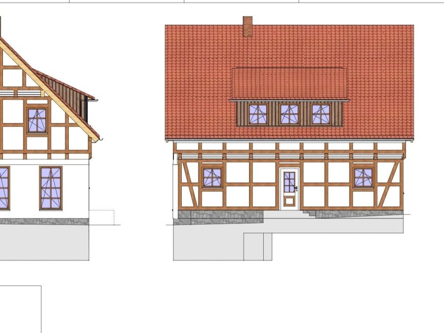 zwei Hausansichten, teilweise dargestellt, Auszug aus einer zeichnerischen Darstellung eines Fachwerkhauses