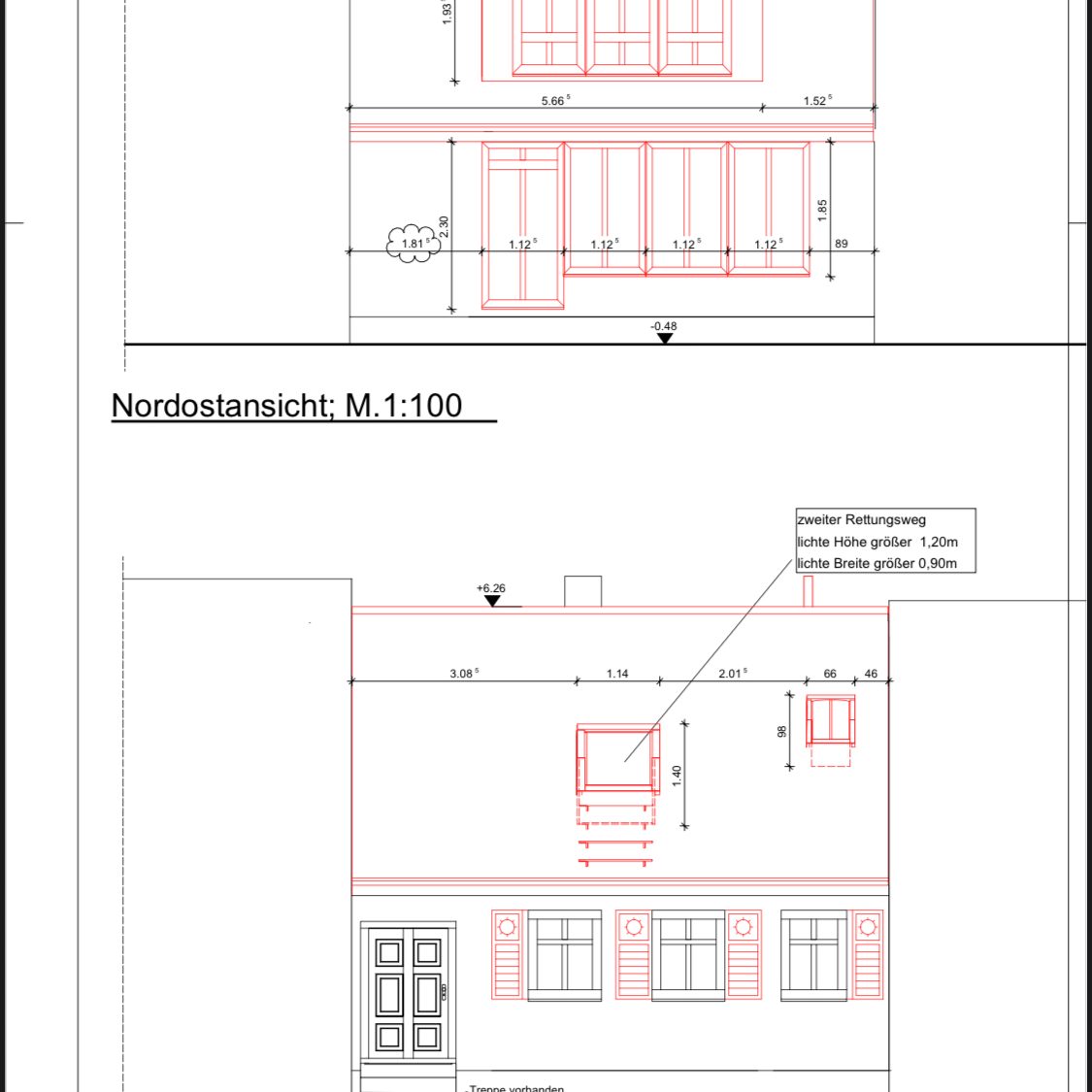 Entwurf- Christianus und Paulsen Beratende Ingenieure Architektonischer Entwurf mit Grundriss und Nordansicht eines Gebäudes.