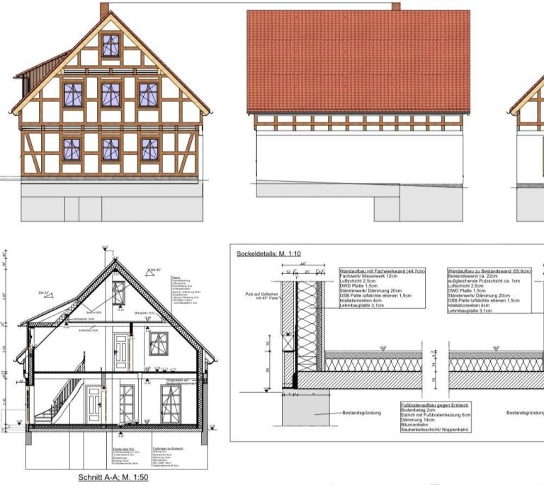 Architektonische Zeichnungen eines Fachwerkhauses, einschließlich Grundrissen und Ansichten.