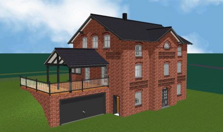 Zweistöckiges, rotes Ziegelhaus mit Balkon und Garageneinfahrt.